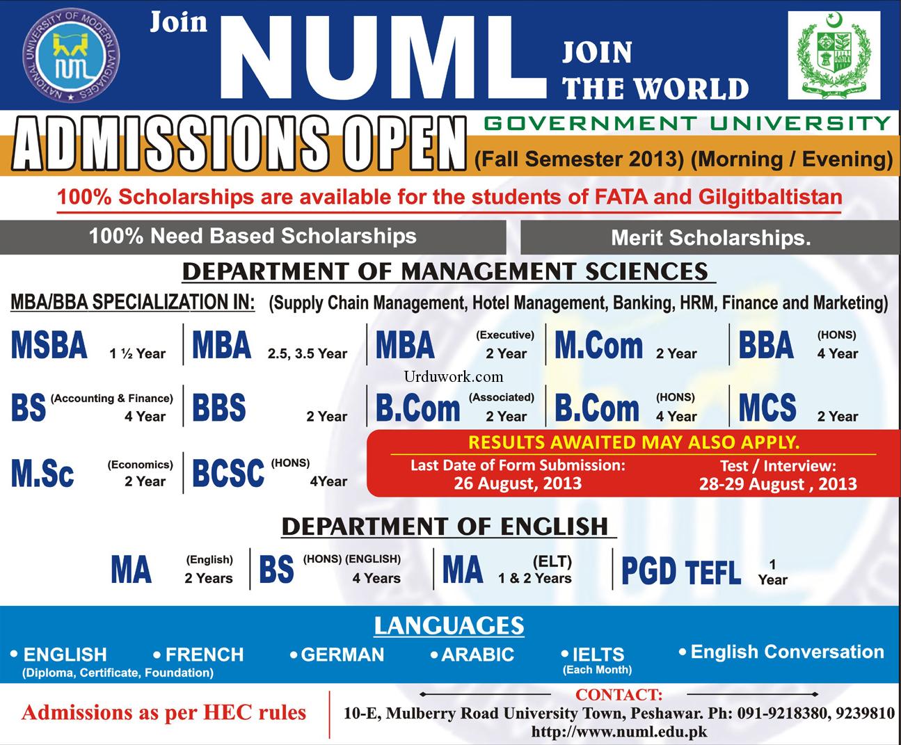 NUML Open university Peshawar Admission 2014 Spring