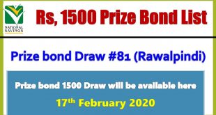 Rs. 1500 Prize bond Draw #81 List Result 17 February 2020 Rawalpindi check online