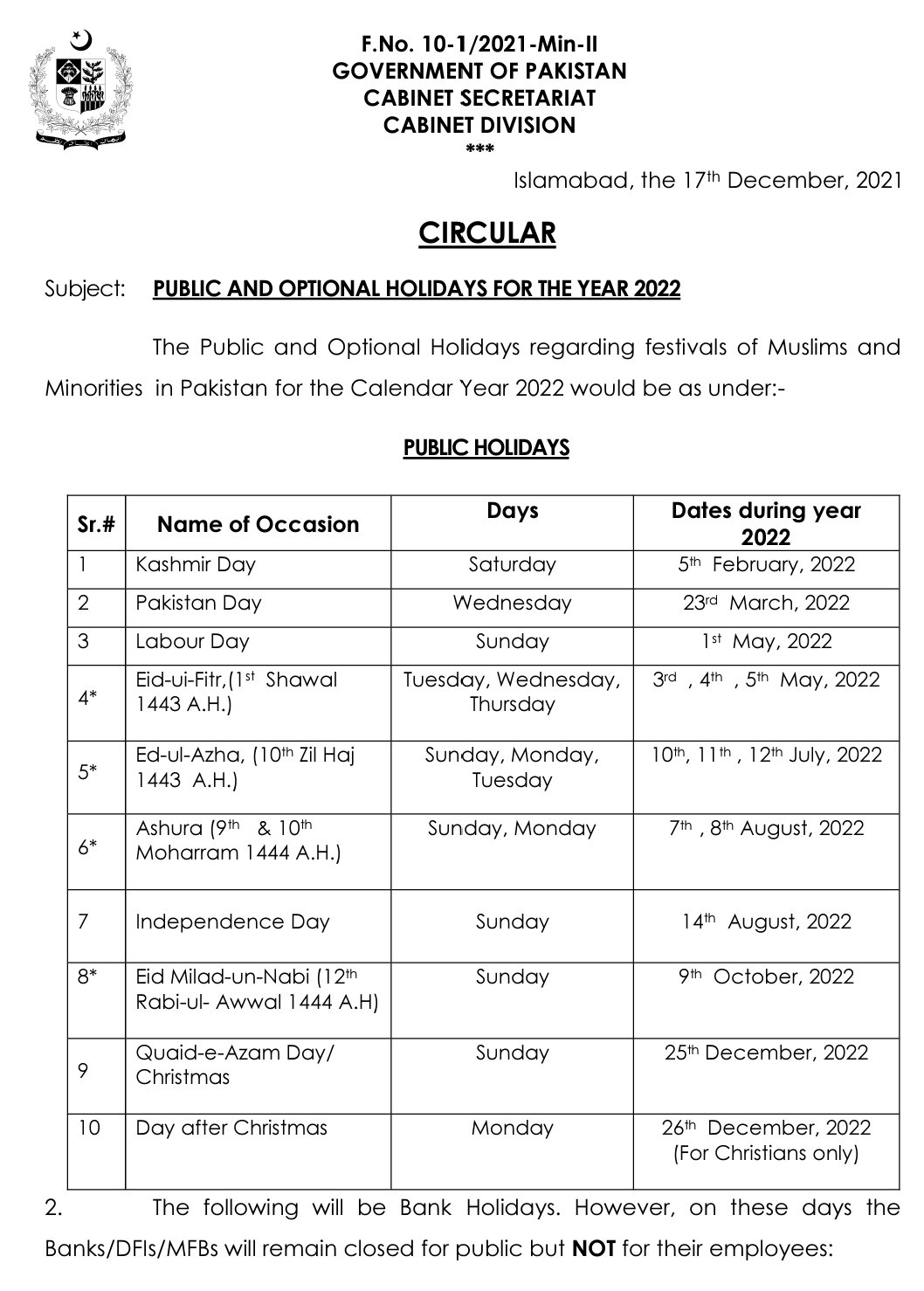 2022 Public Holidays in Pakistan