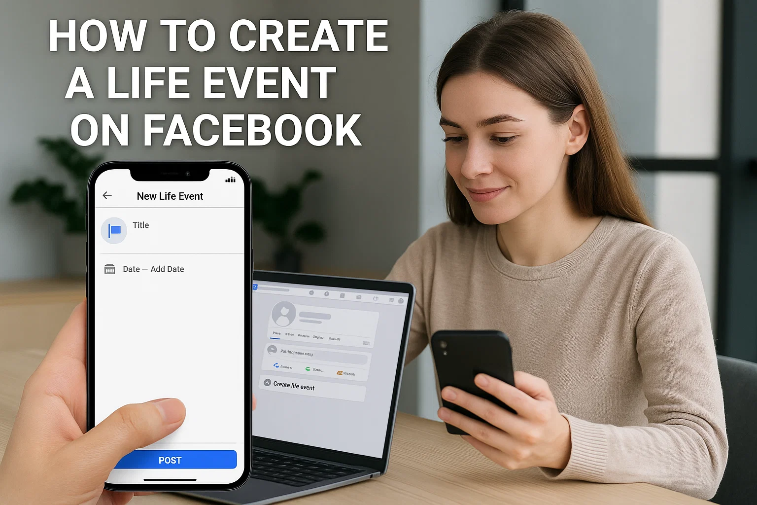 How To Create A Life Event On Facebook And Make It Stand Out 1 Woman adding a new life event on her Facebook profile using phone and laptop
