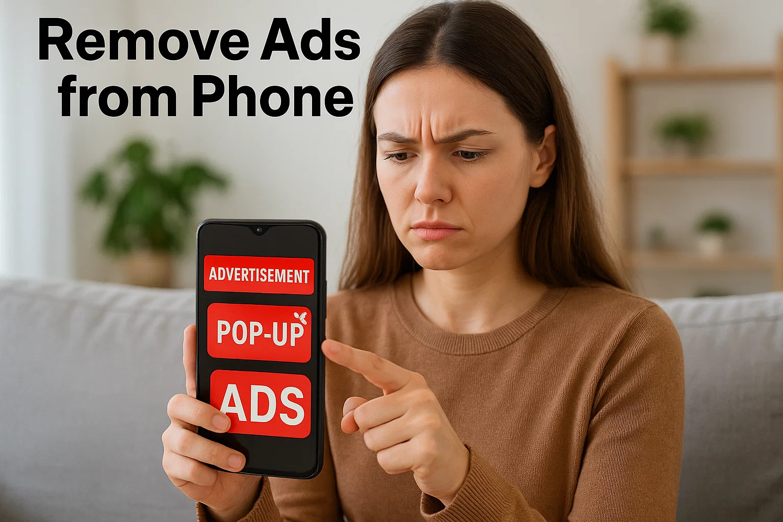 User removing annoying ads from smartphone screen