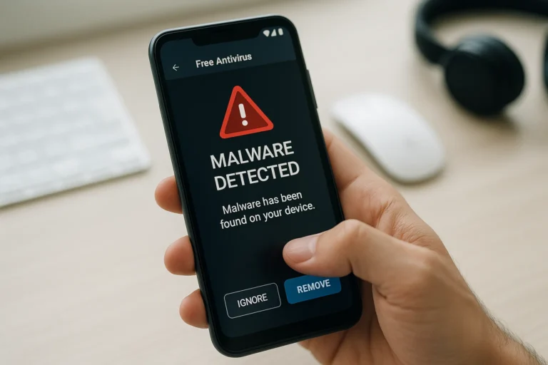 A person cleaning malware from an Android phone using a free antivirus app
