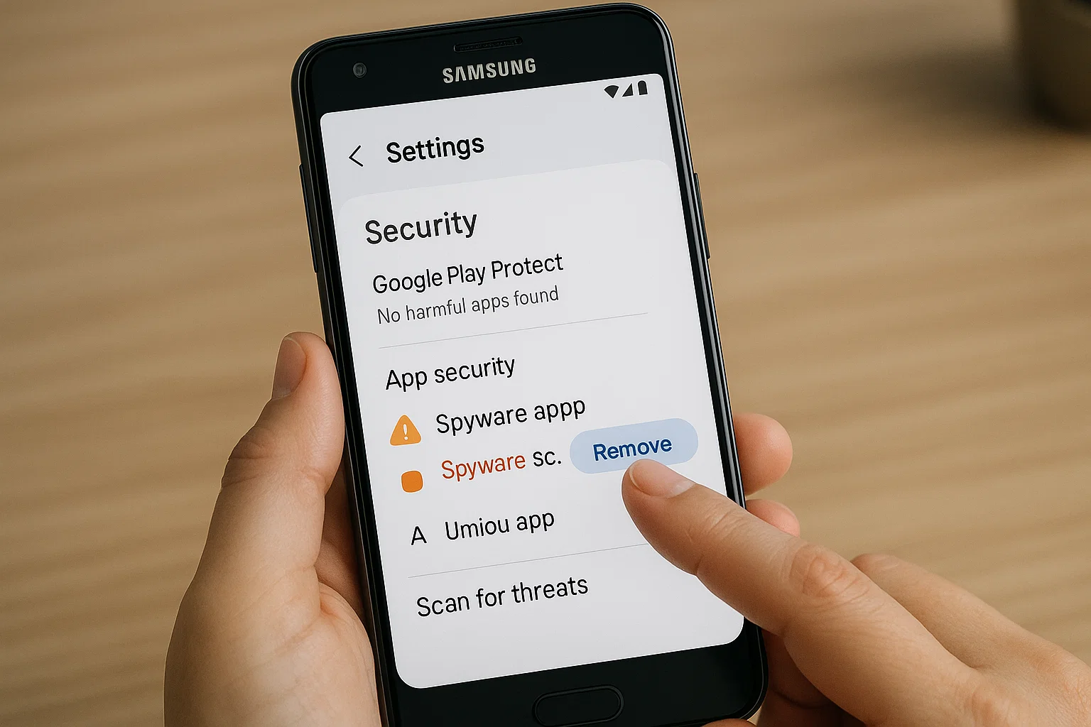 Woman checking her Samsung phone for hidden spyware apps
