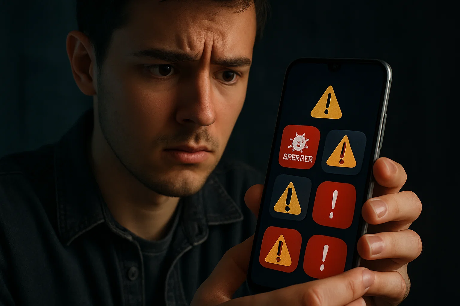A worried user checking a smartphone with spyware alerts and warning icons