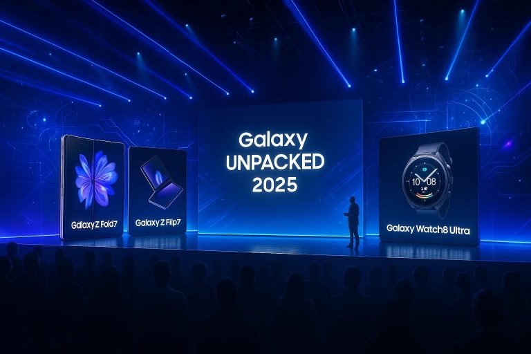 Samsung Galaxy Unpacked 2025 event stage with new Galaxy Z Fold 7, Z Flip 7, and Watch 8 Ultra on display