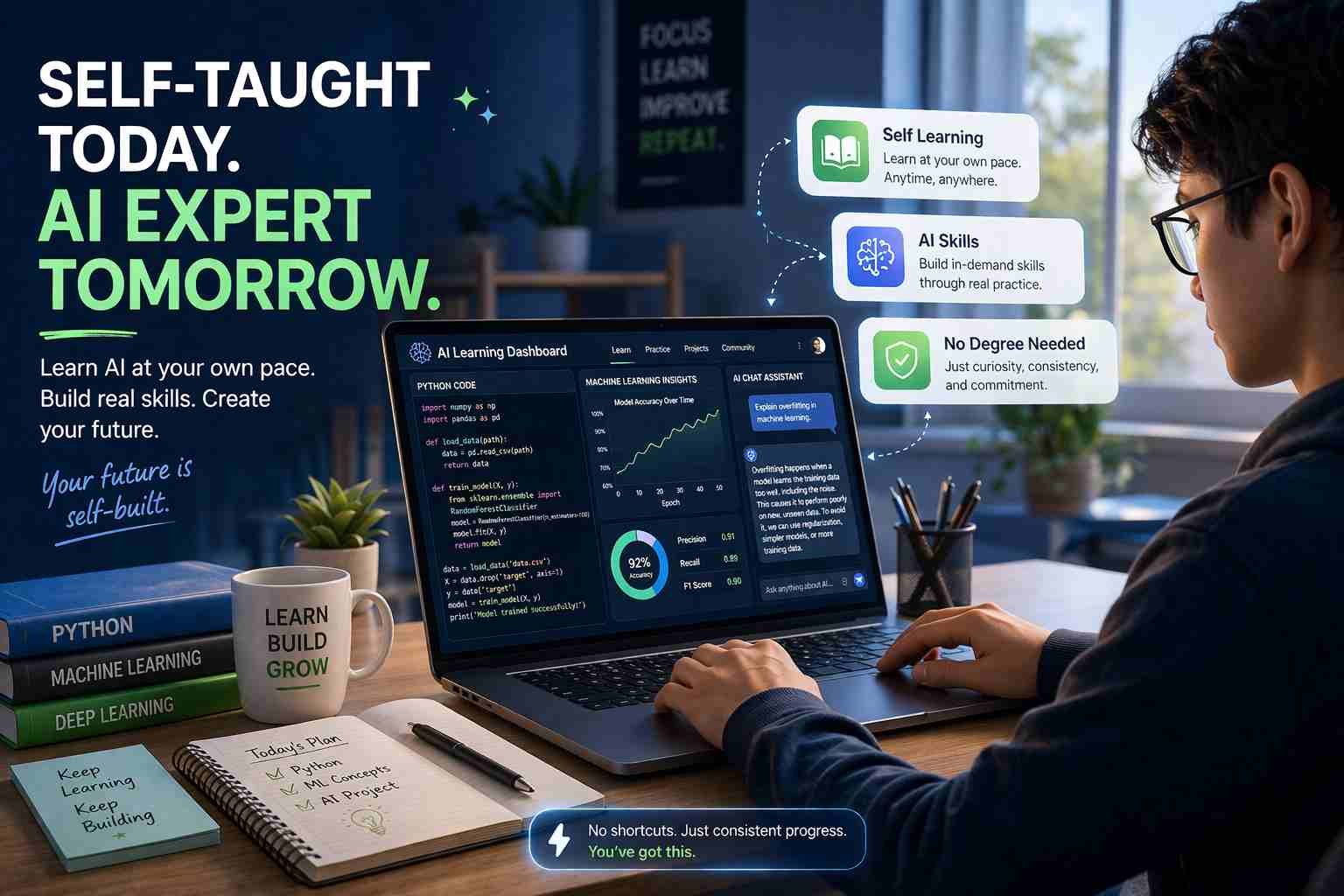 beginner studying AI skills on laptop at home