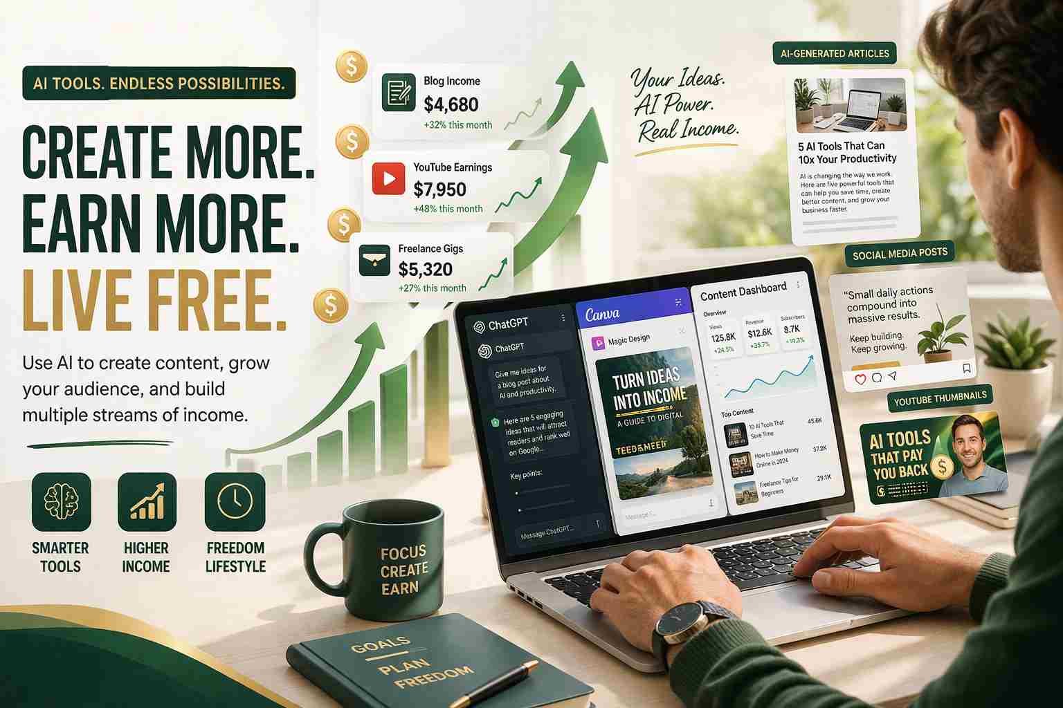 person earning money using AI content tools online