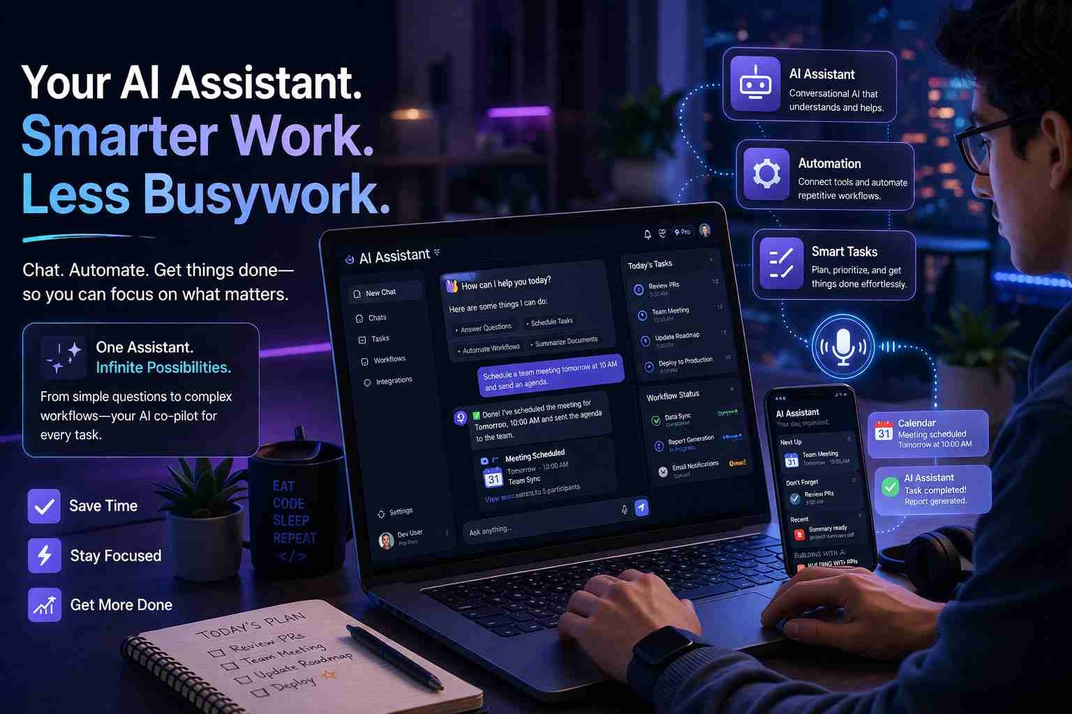 Laptop showing AI assistant interface for automation tasks