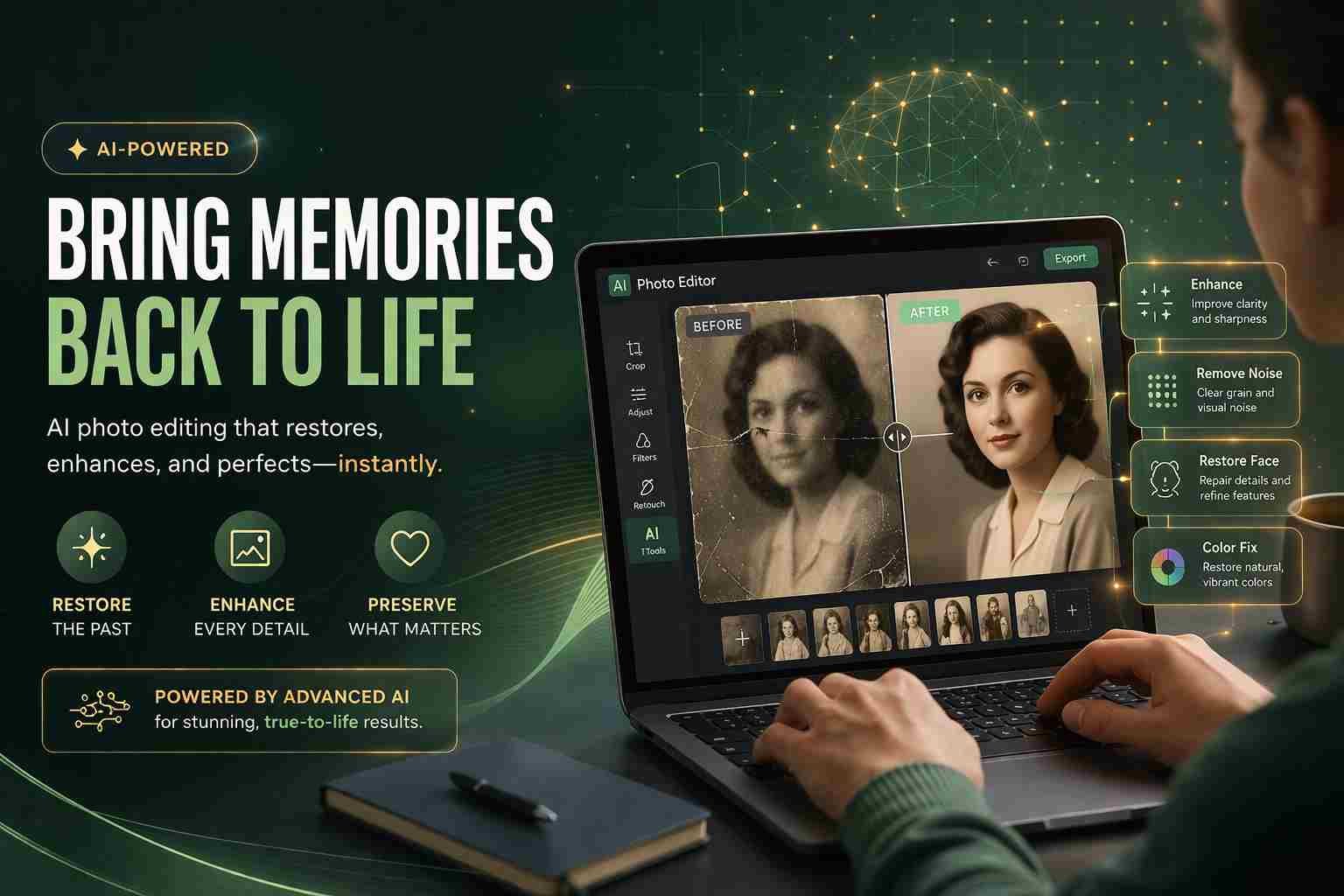 Using AI photo editor to enhance damaged images