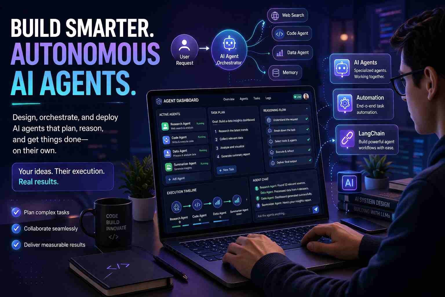 Laptop showing AI agent dashboard with automation workflow system
