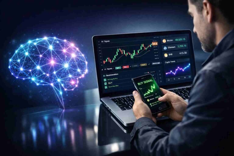 AI trading app dashboard showing crypto and stock analysis