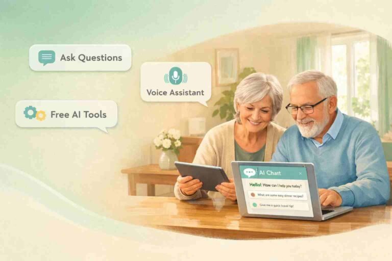 elderly couple using free AI tools on tablet