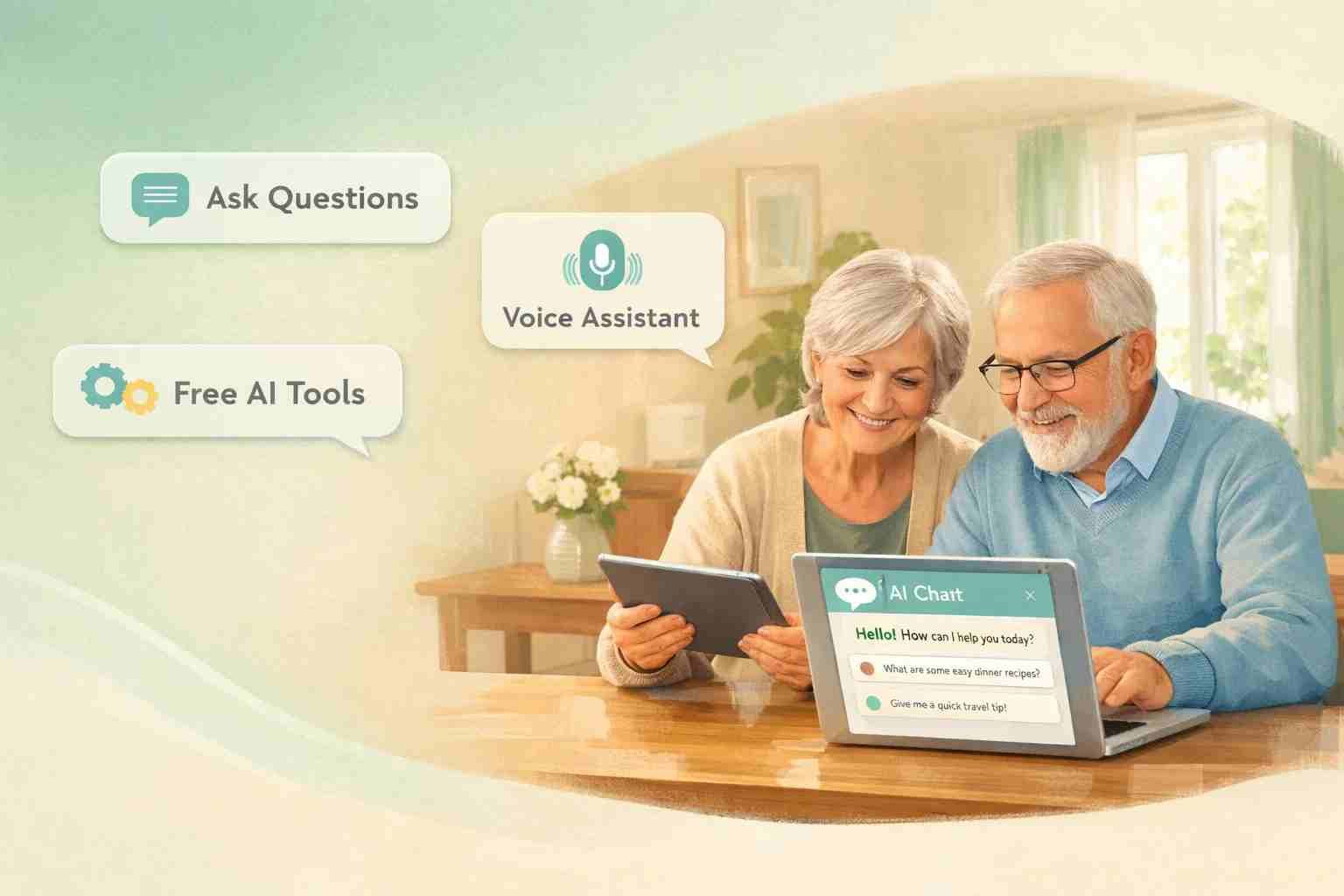 elderly couple using free AI tools on tablet
