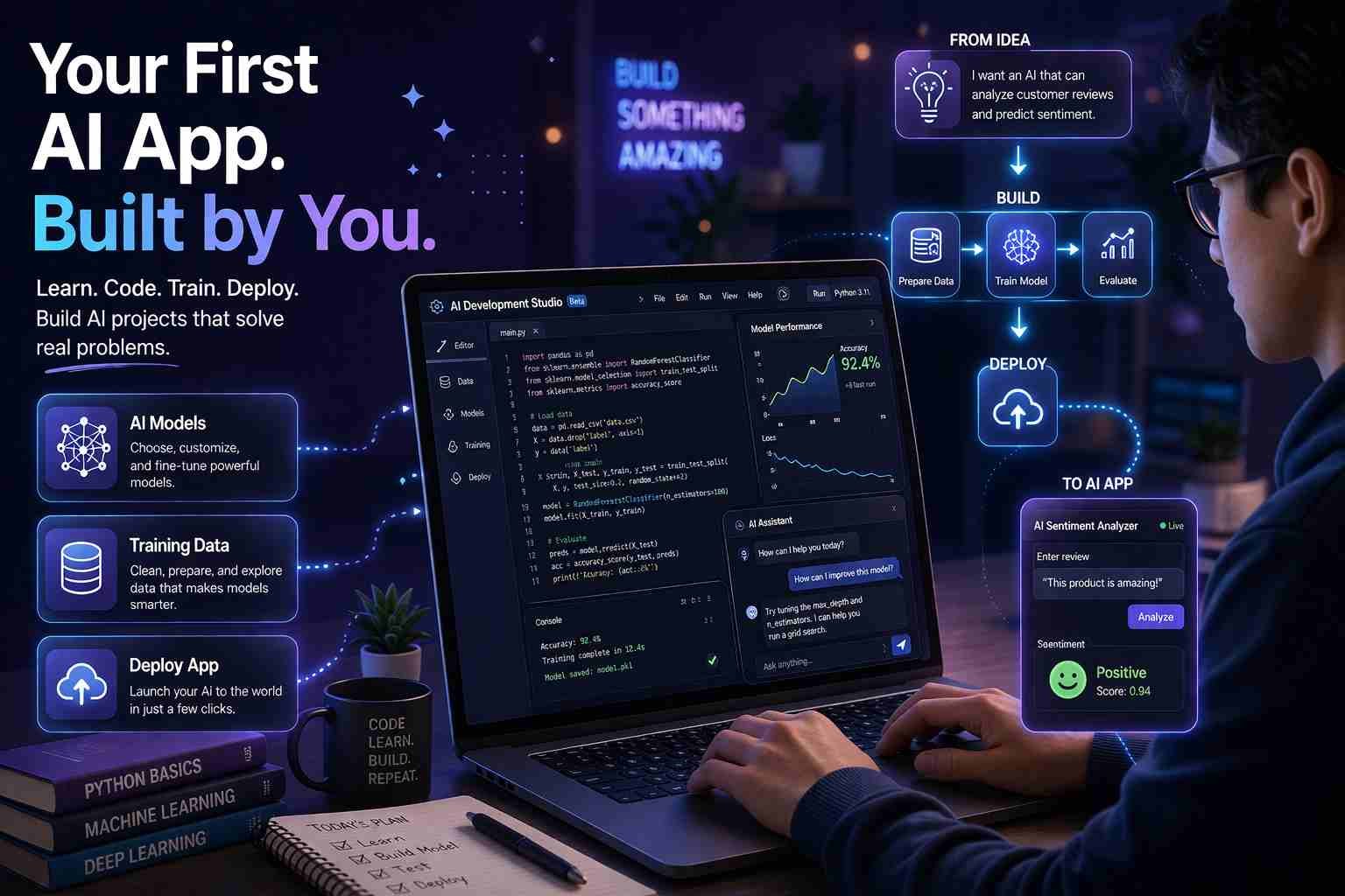 Laptop screen showing AI coding interface and machine learning workflow