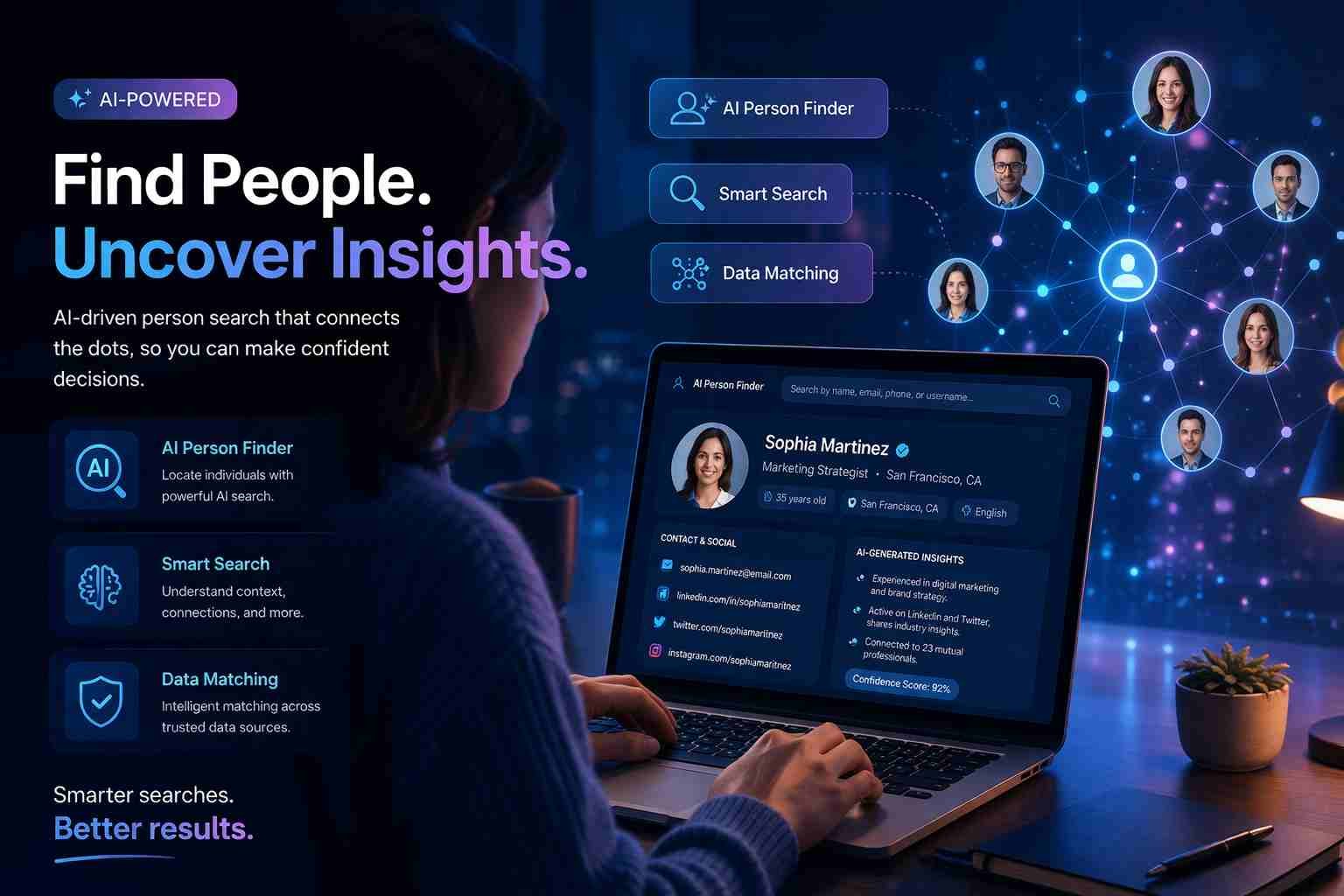 HyperWrite AI person finder interface searching for people online