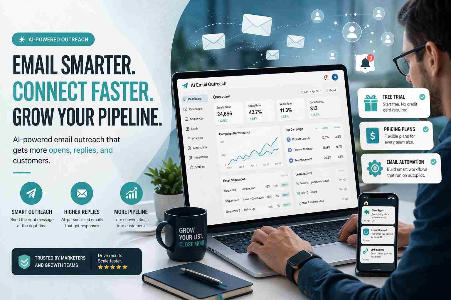 Instantly AI free trial email automation dashboard interface