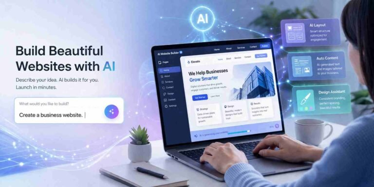 AI website builder generating full website layout on laptop screen
