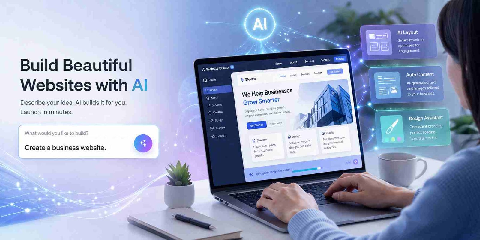 AI website builder generating full website layout on laptop screen