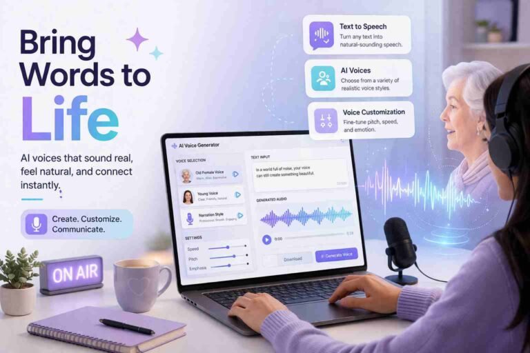 laptop showing AI old female voice generator interface