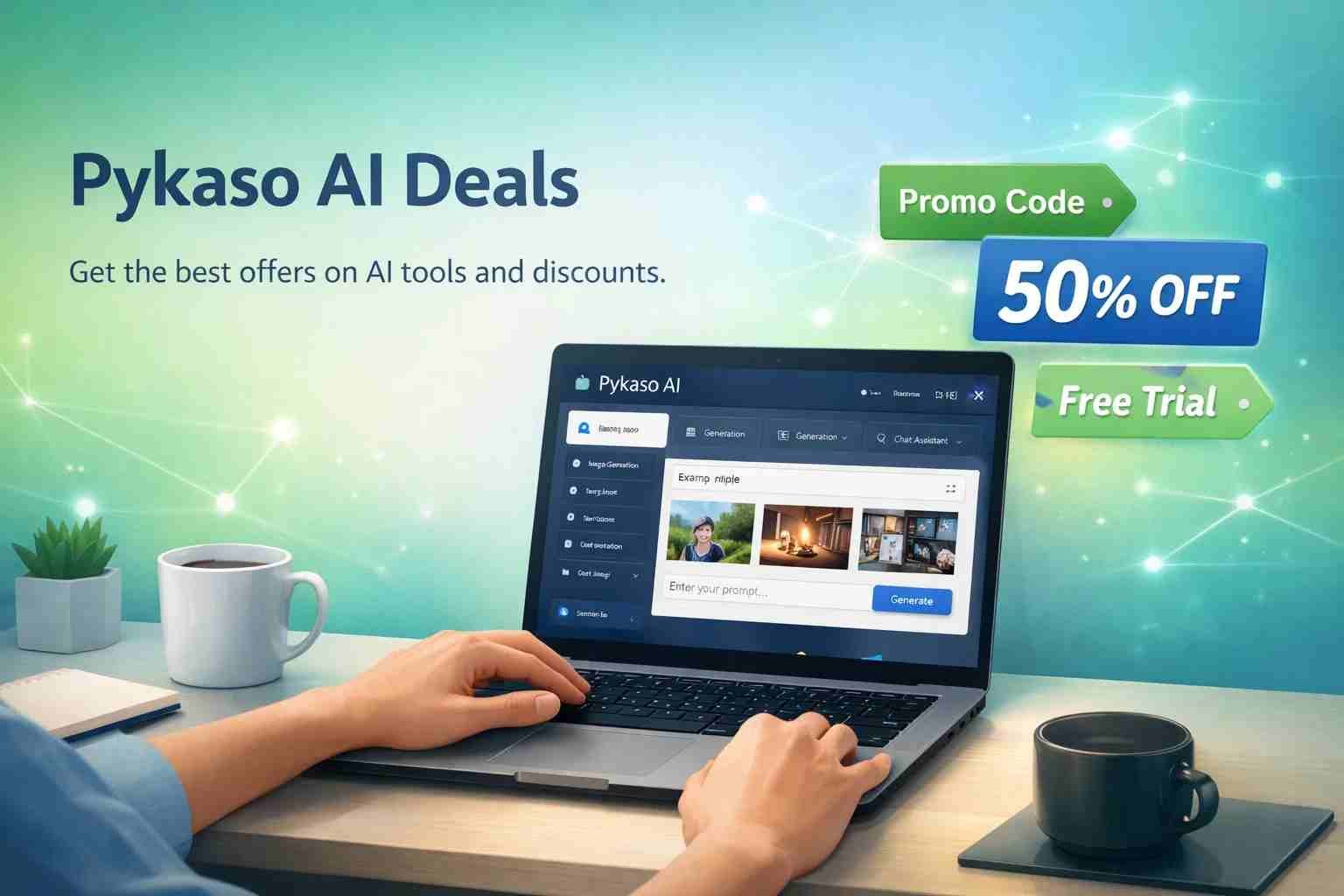 Pykaso AI promo code discounts with laptop and AI dashboard
