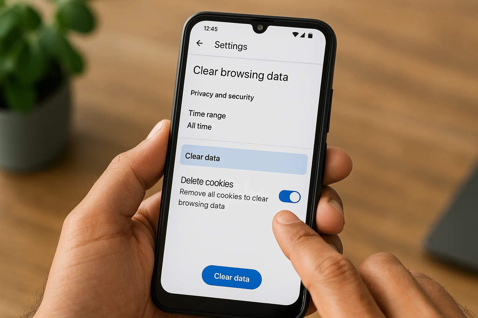 Android phone screen showing clear cookies and browsing data options