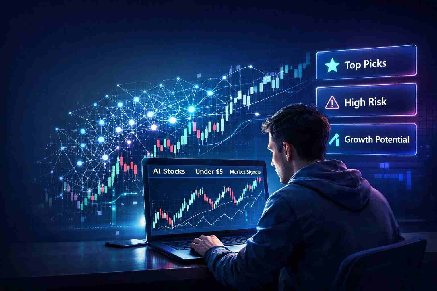 Investor analyzing penny AI stocks on laptop with AI charts
