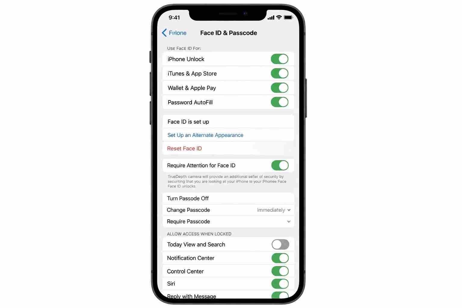 Face ID settings showing Today View toggle