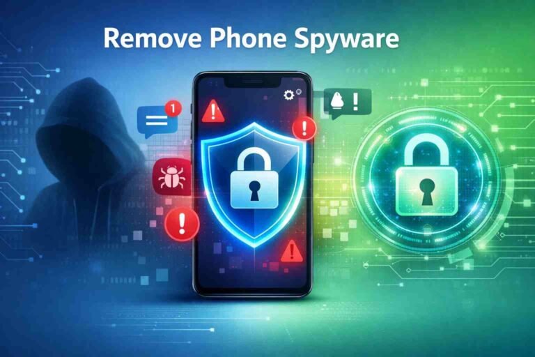 Smartphone security illustration showing spyware removal and privacy protection steps
