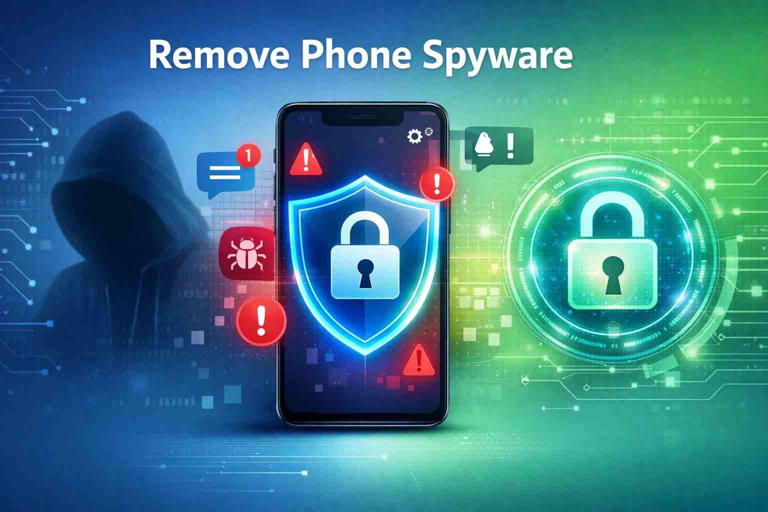 Smartphone security illustration showing spyware removal and privacy protection steps