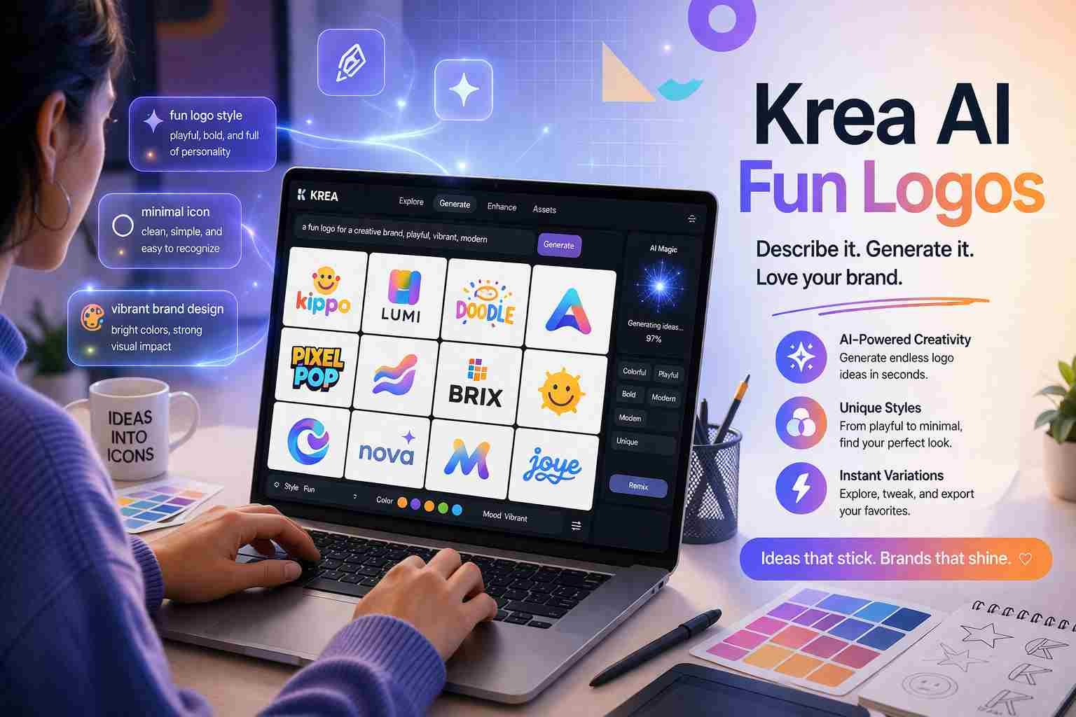 Krea AI generating fun colorful logo design concepts