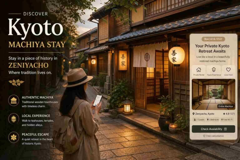 Kyoto machiya house Zeniyacho traditional wooden stay exterior view