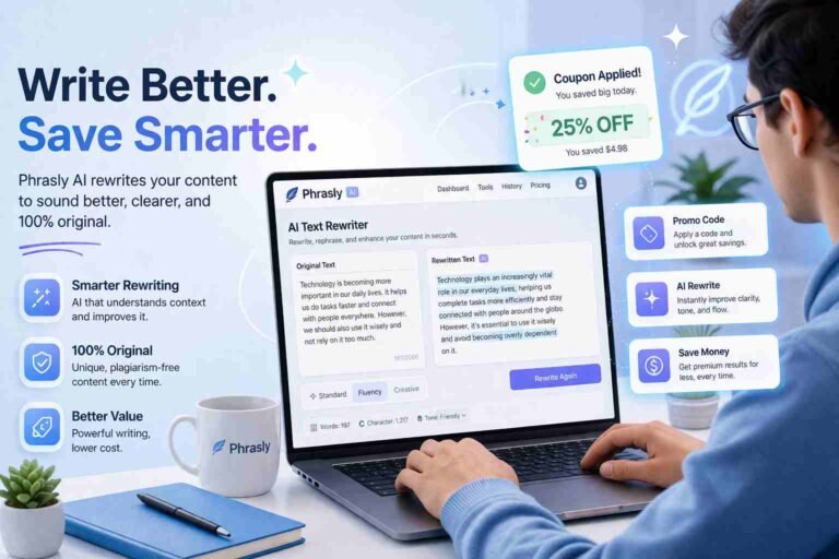 Phrasly AI coupon code applied on rewriting tool