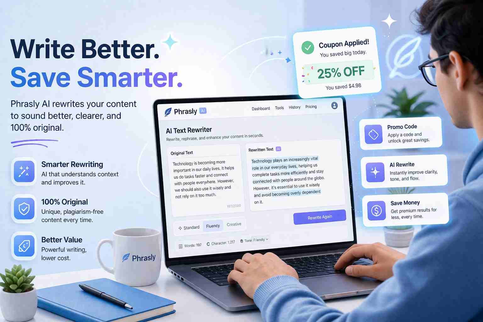 Phrasly AI coupon code applied on rewriting tool