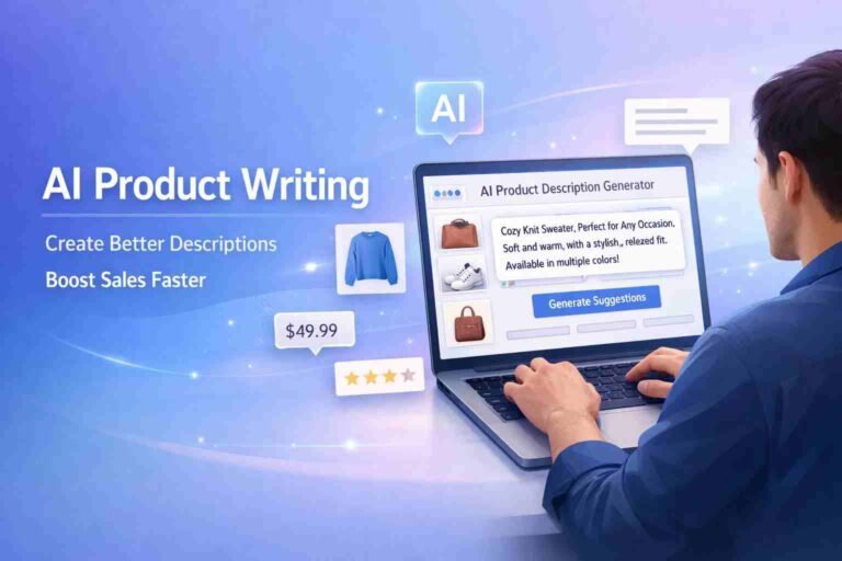 AI product description generator tool creating text on laptop screen